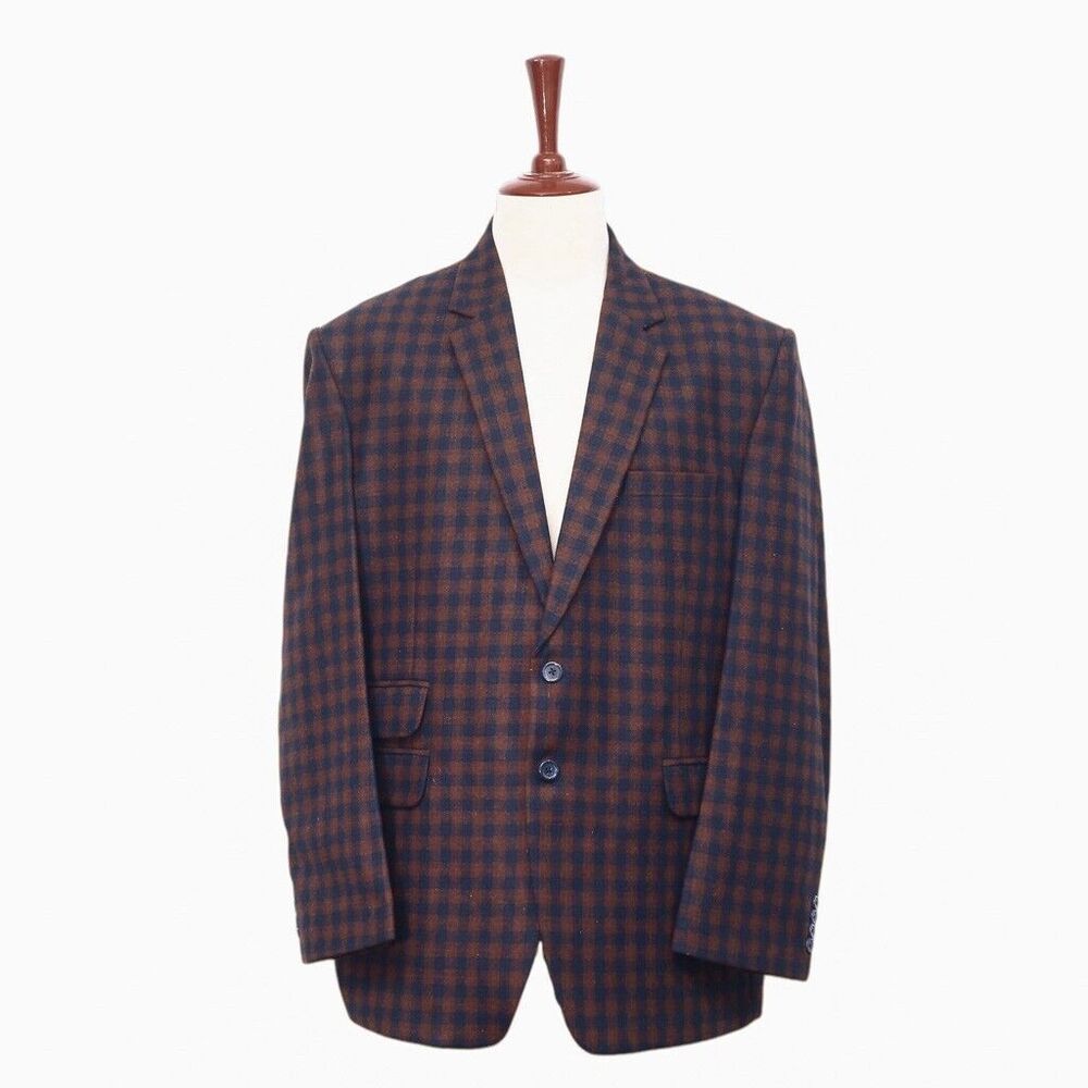 Mens Blazer Plaid Check 100% Wool Brown Blue Formal Party Jacket Sport Coat 48R